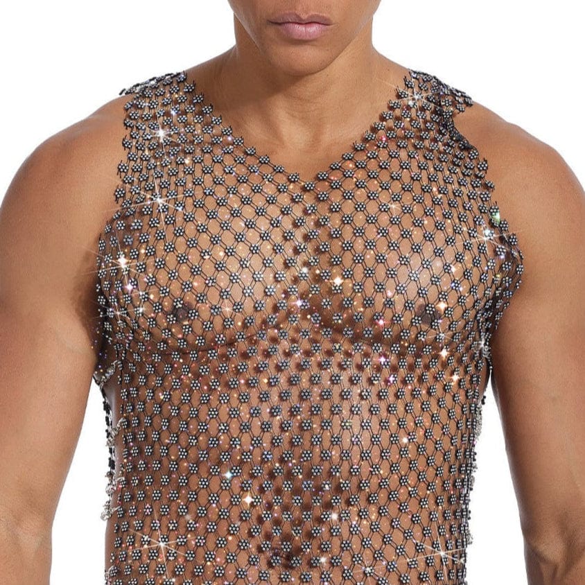 Sparkle Party Fishnet Top with Rhinestones Plum blossom rhinestone style V-neck