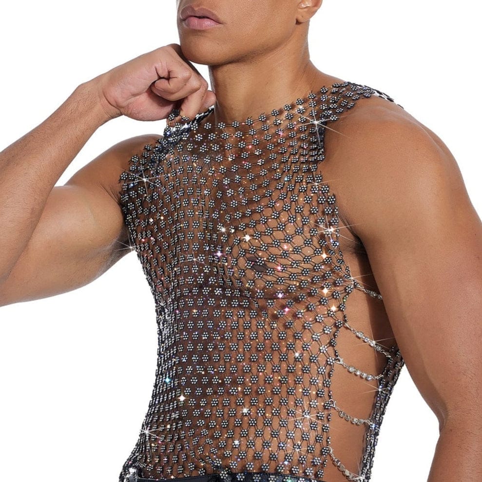 Sparkle Party Fishnet Top with Rhinestones Plum blossom rhinestone style V-neck