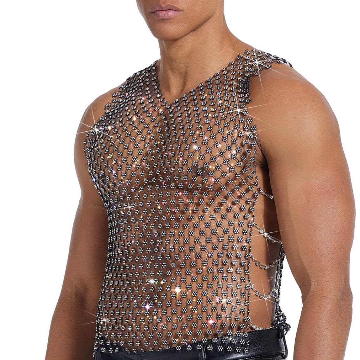 Sparkle Party Fishnet Top with Rhinestones Plum blossom rhinestone style V-neck