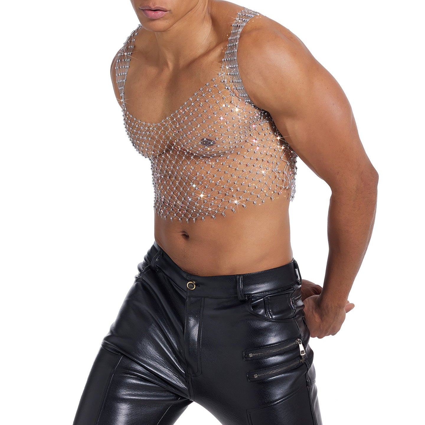 Sparkle Party Fishnet Top with Rhinestones Low-cut crop top