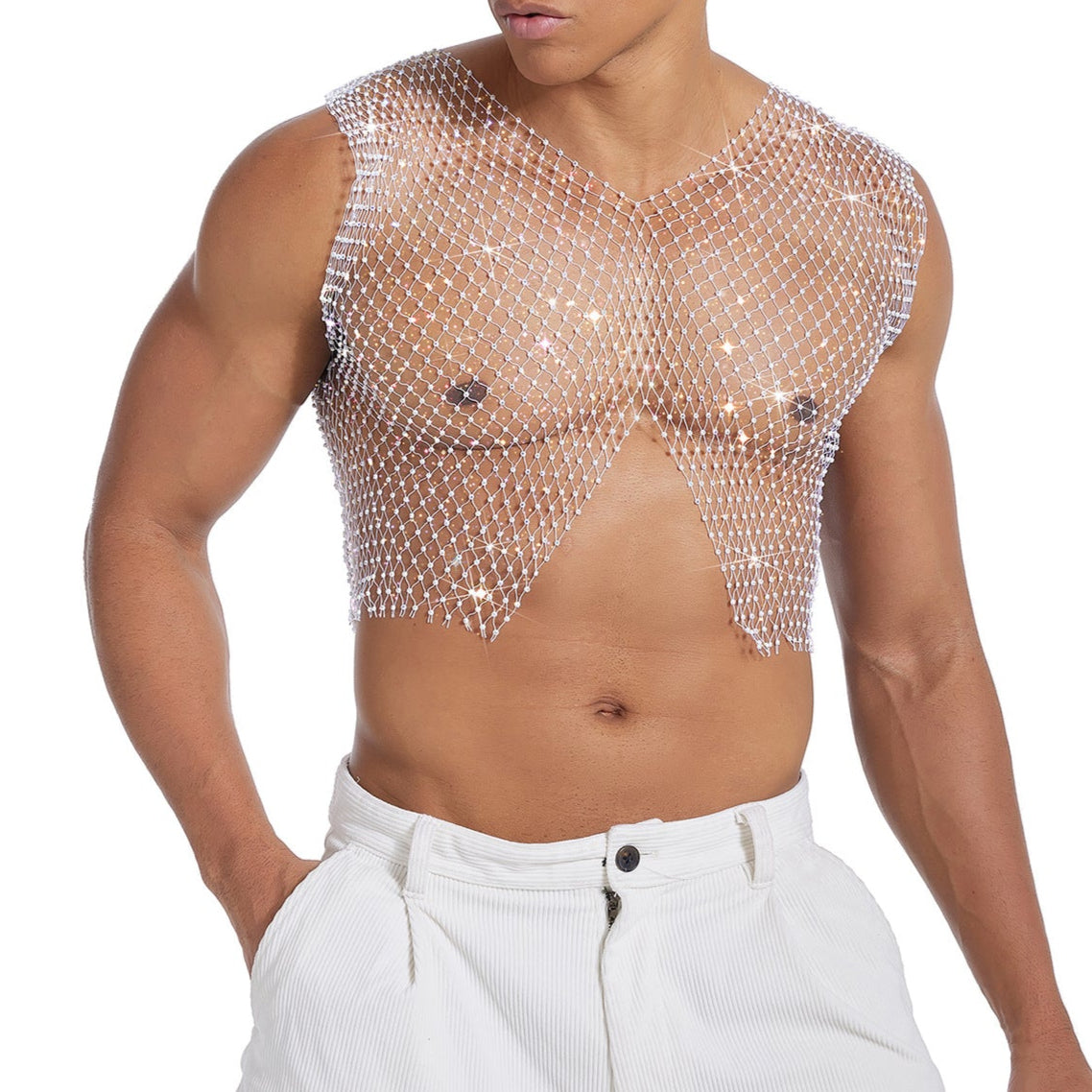 Sparkle Party Fishnet Top with Rhinestones Crop Top