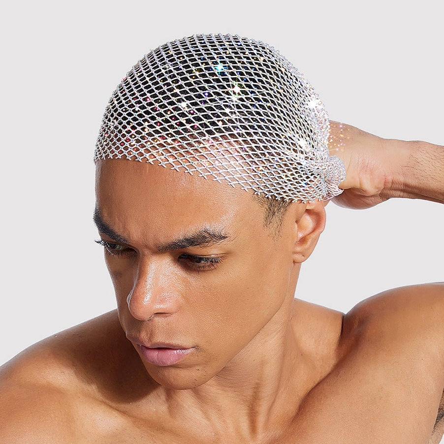 Rhinestone-Embellished Fishnet Turban Hat High-Density Rhinestones style 24