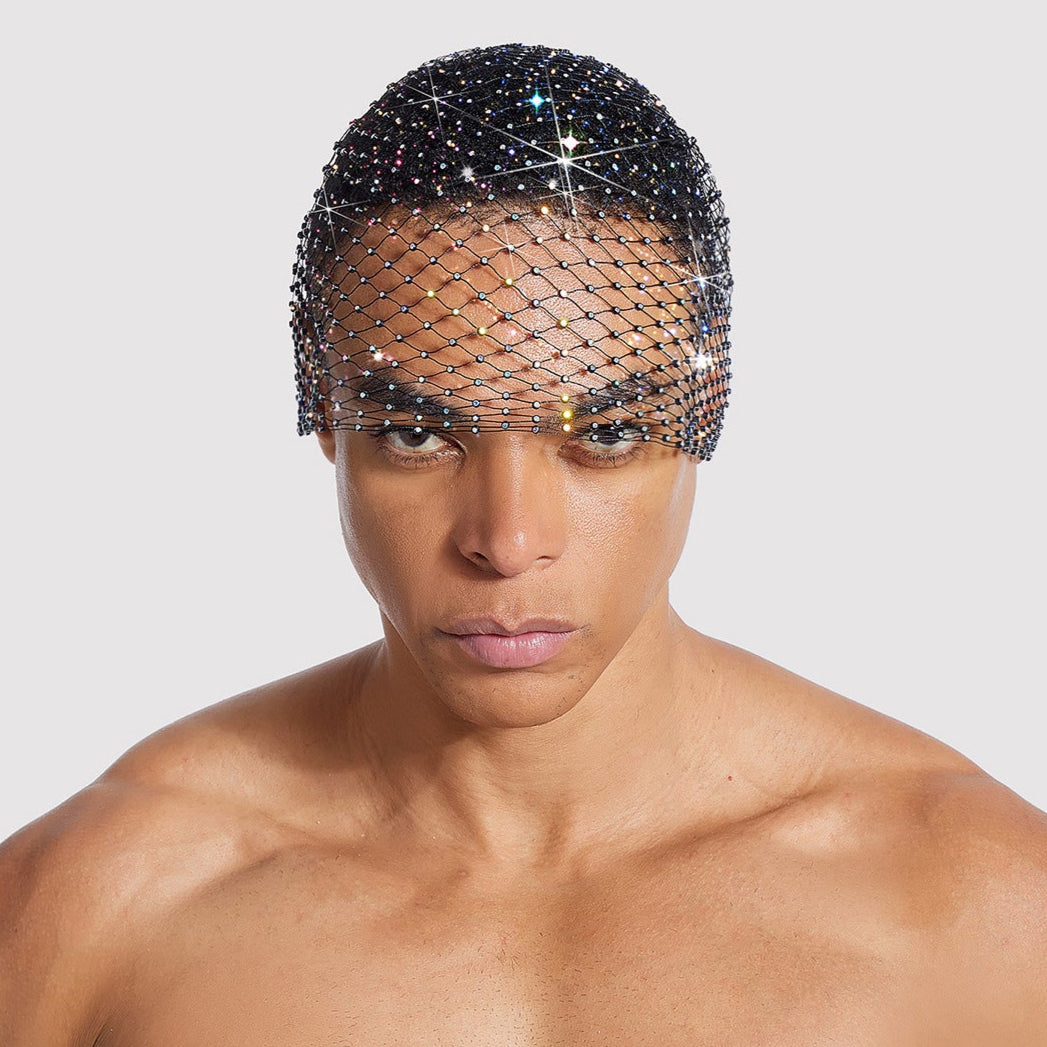 Rhinestone-Embellished Fishnet Turban Hat - Stretch Party Headpiece 21