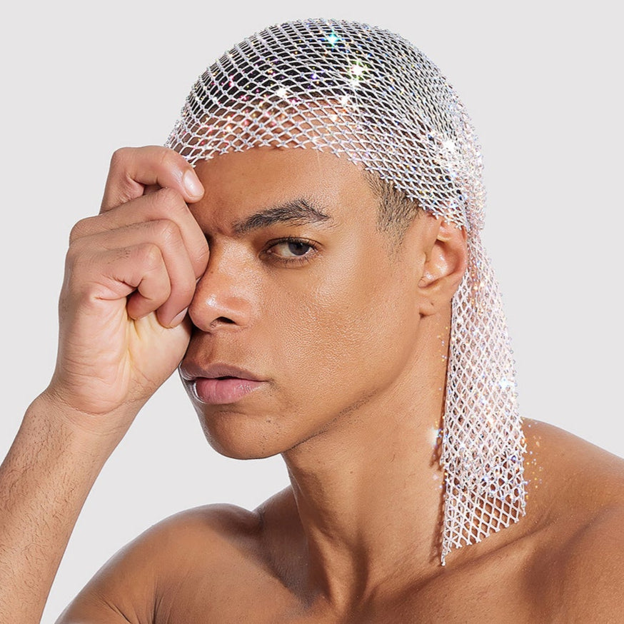 Rhinestone-Embellished Fishnet Turban Hat High-Density Rhinestones style 24