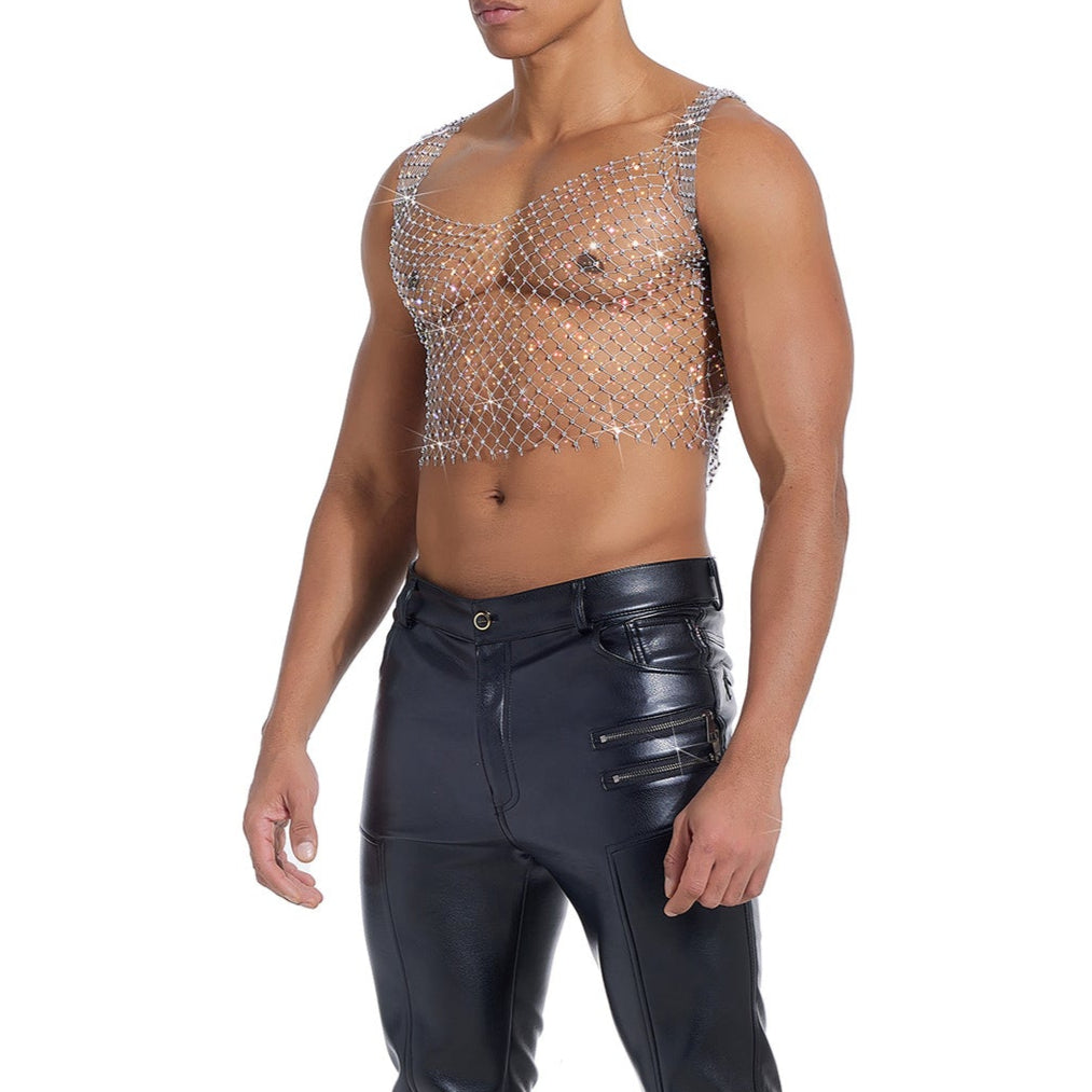 Sparkle Party Fishnet Top with Rhinestones Low-cut crop top