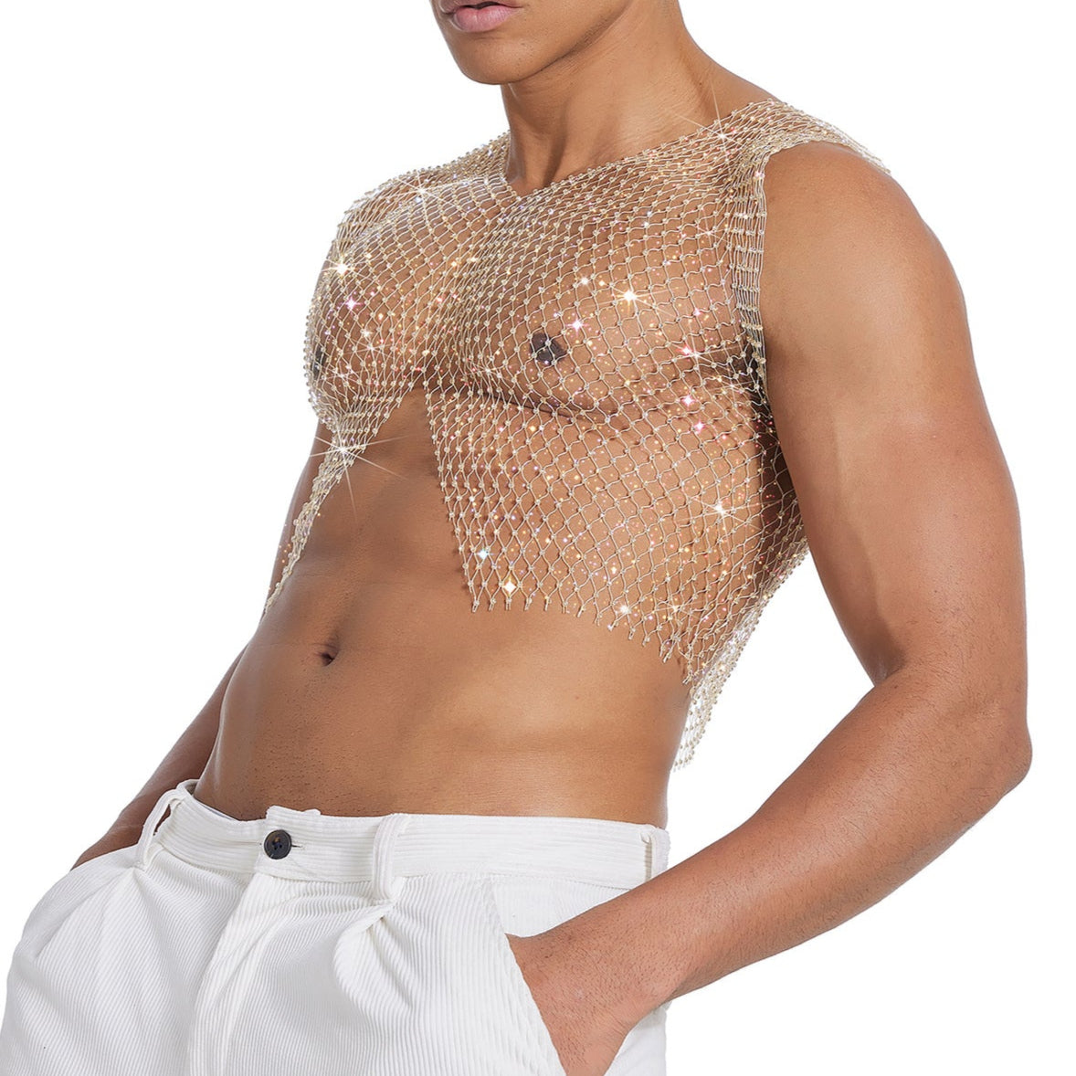 Sparkle Party Fishnet Top with Rhinestones Crop Top