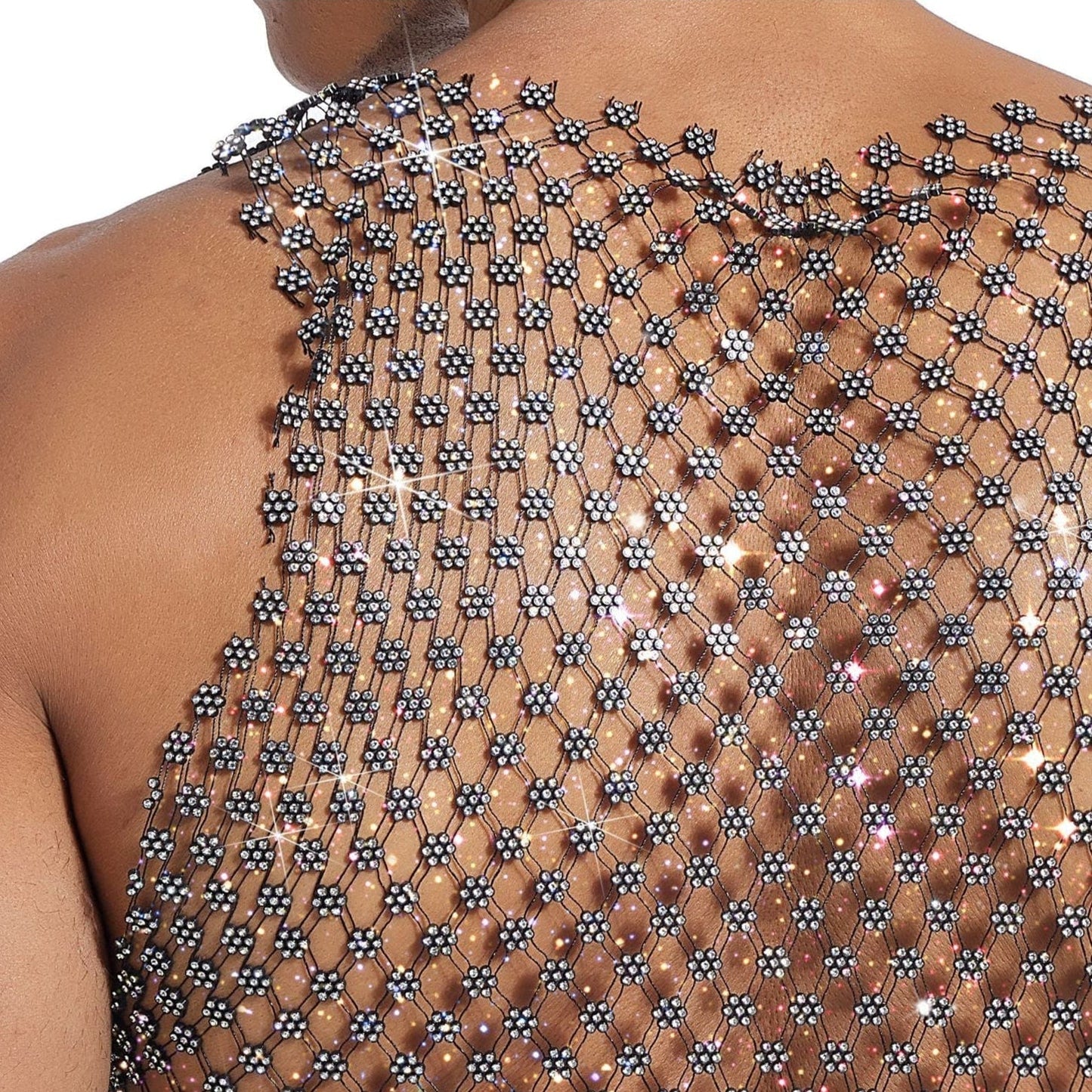 Sparkle Party Fishnet Top with Rhinestones Plum blossom rhinestone style V-neck