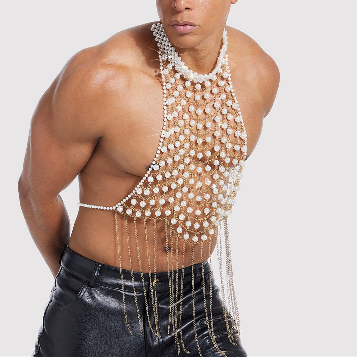 Pearl-Embellished Metallic Chest Harness - Intricate Openwork Body Chain