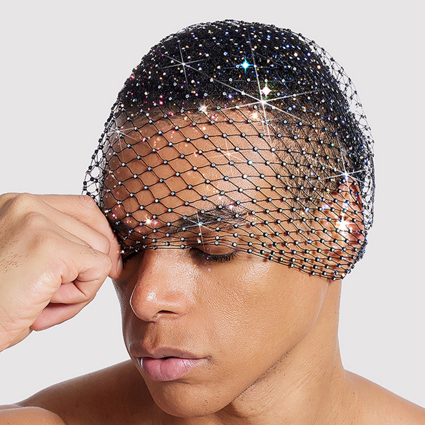 Rhinestone-Embellished Fishnet Turban Hat - Stretch Party Headpiece 21
