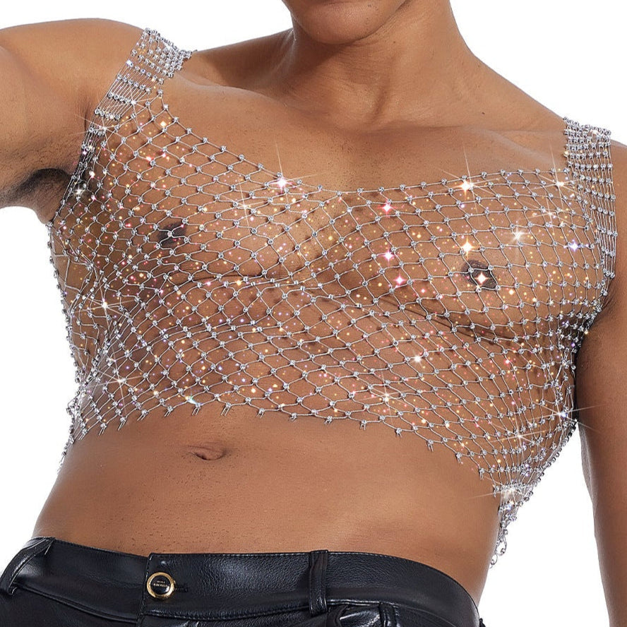Sparkle Party Fishnet Top with Rhinestones Low-cut crop top