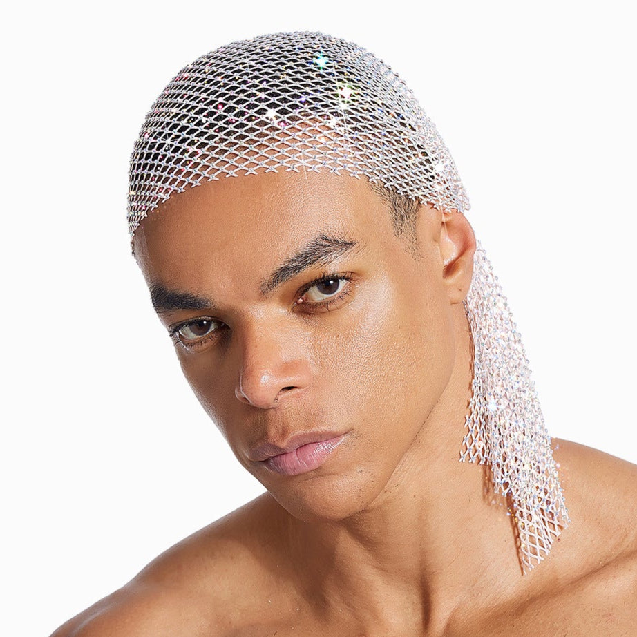 Rhinestone-Embellished Fishnet Turban Hat High-Density Rhinestones style 24