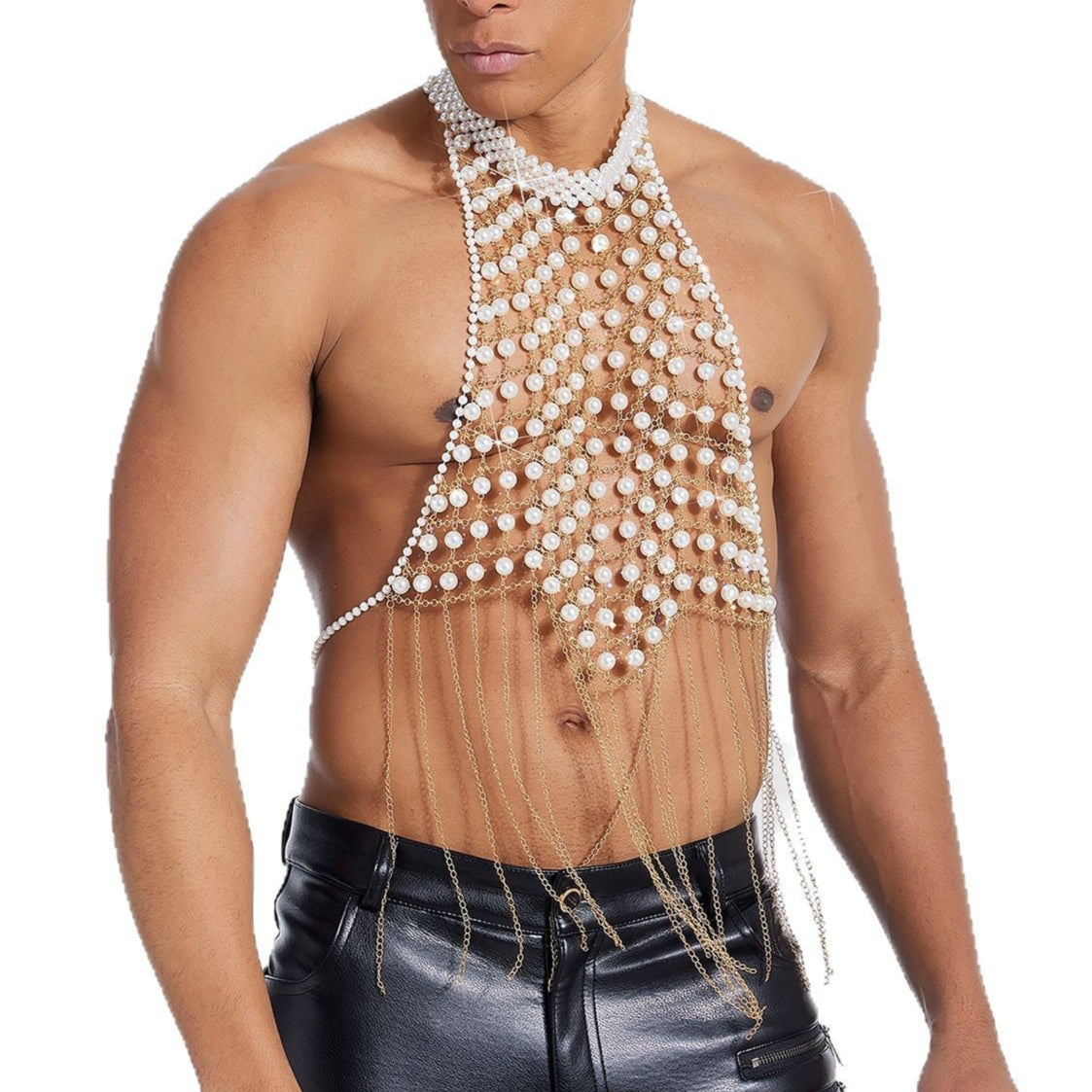 Pearl-Embellished Metallic Chest Harness - Intricate Openwork Body Chain