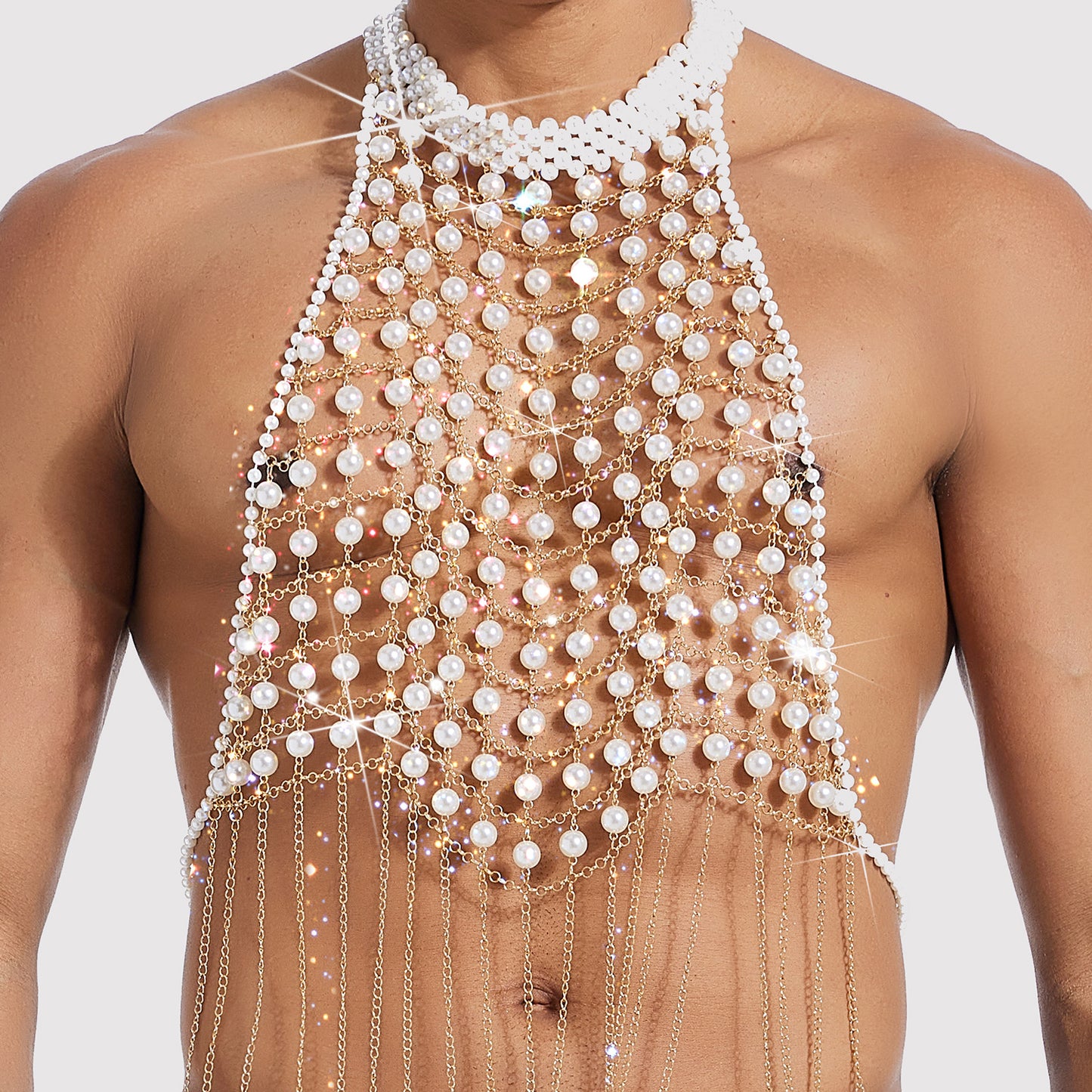 Pearl-Embellished Metallic Chest Harness - Intricate Openwork Body Chain