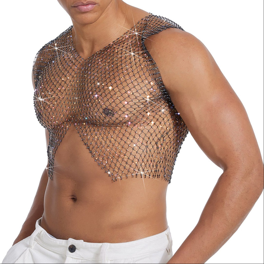 Sparkle Party Fishnet Top with Rhinestones Crop Top