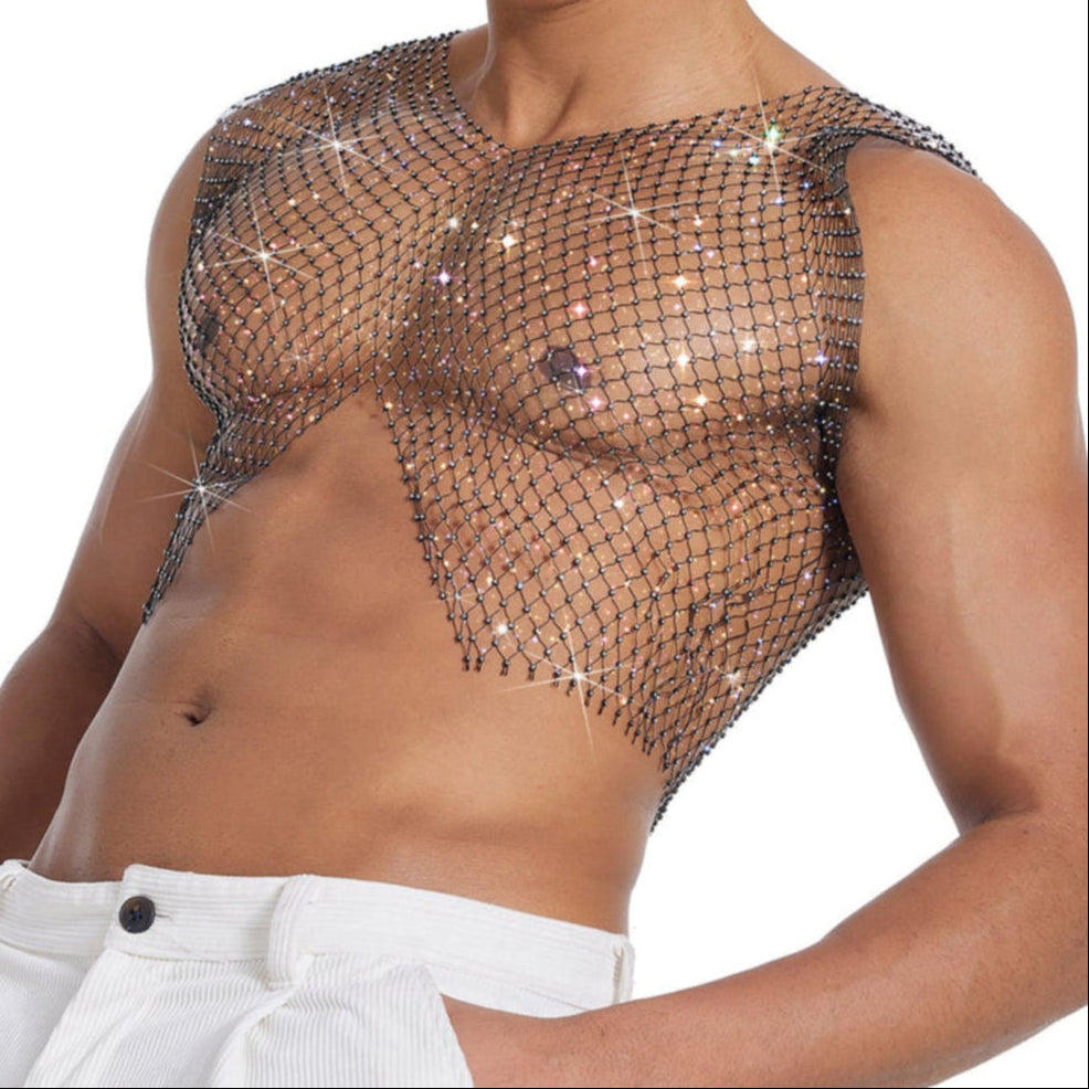 Sparkle Party Fishnet Top with Rhinestones Crop Top