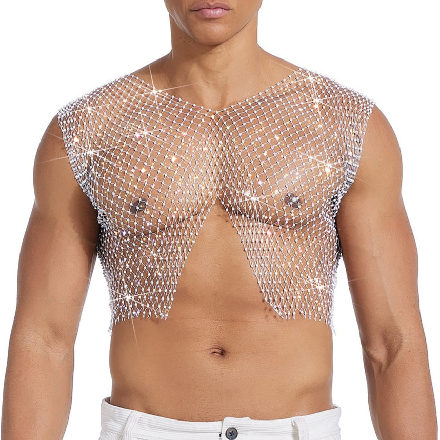 Sparkle Party Fishnet Top with Rhinestones Crop Top