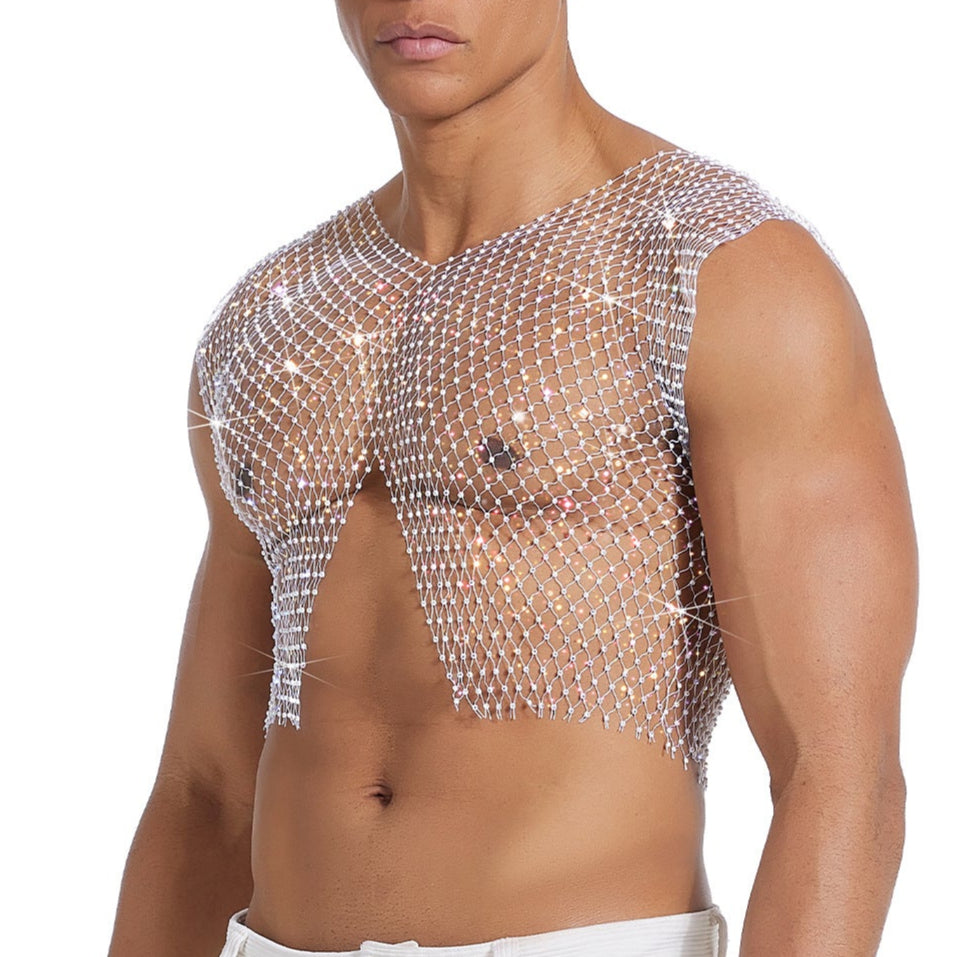 Sparkle Party Fishnet Top with Rhinestones Crop Top