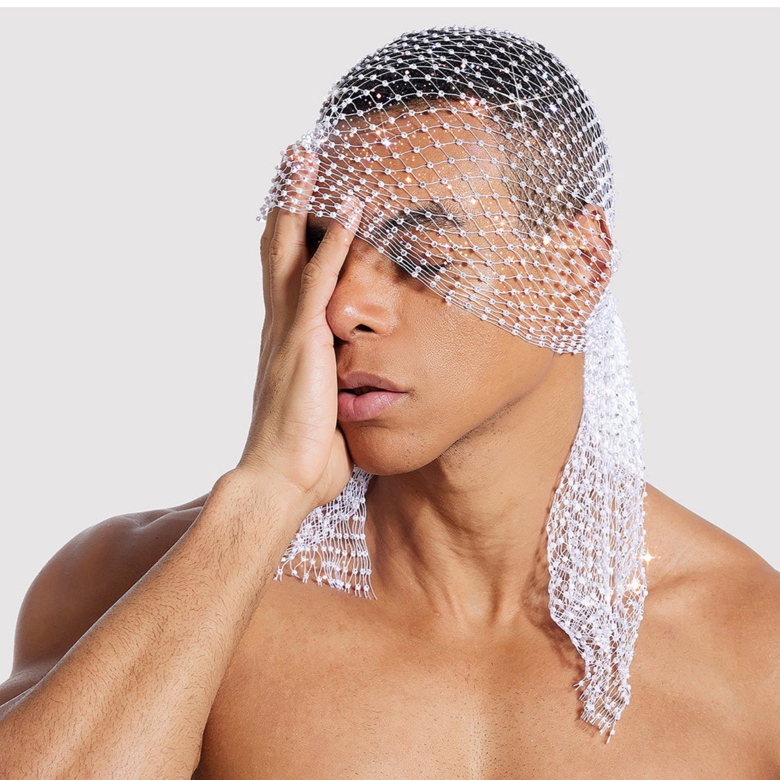 Rhinestone-Embellished Fishnet Turban Hat - Stretch Party Headpiece 22