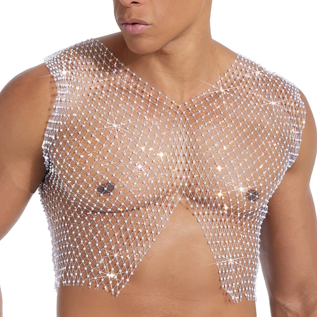 Sparkle Party Fishnet Top with Rhinestones Crop Top