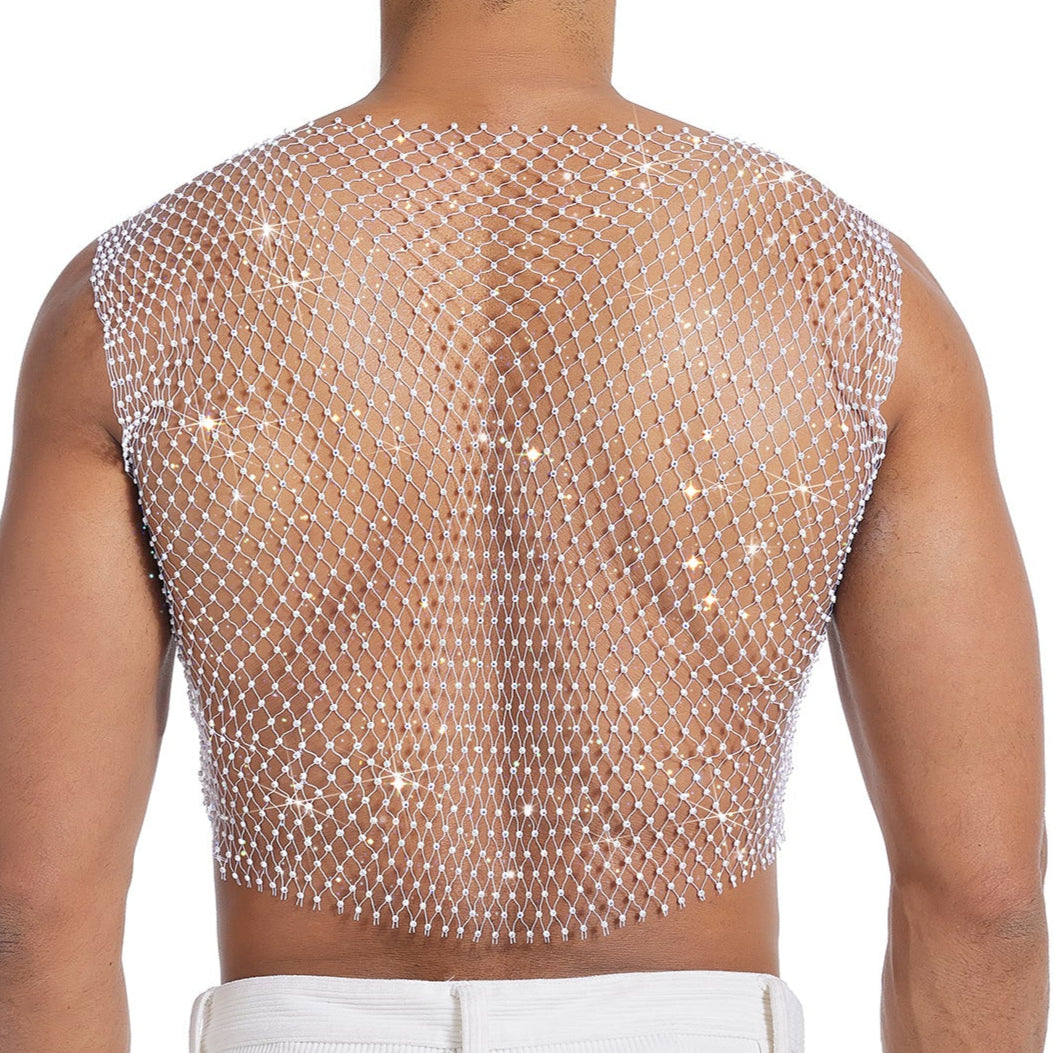Sparkle Party Fishnet Top with Rhinestones Crop Top