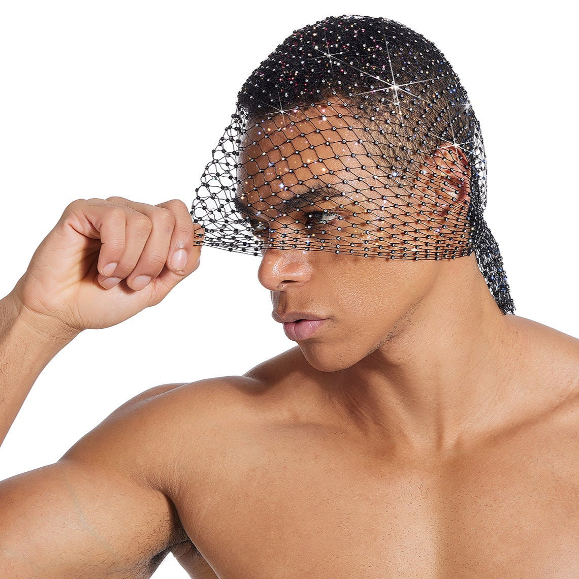 Rhinestone-Embellished Fishnet Turban Hat - Stretch Party Headpiece 22