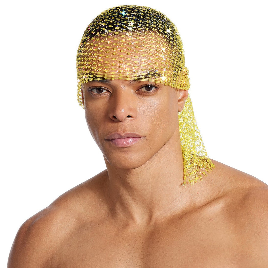 Rhinestone-Embellished Fishnet Turban Hat - Stretch Party Headpiece 22