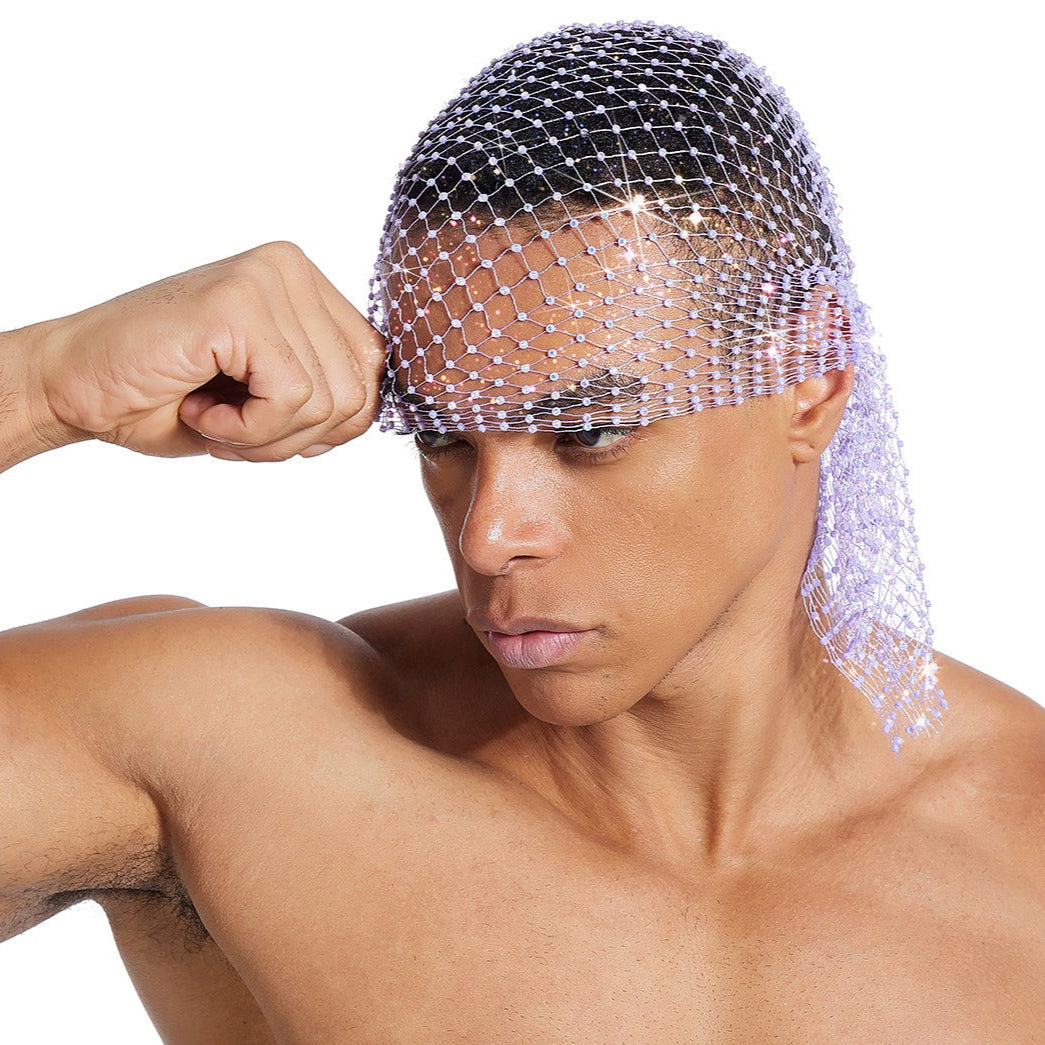 Rhinestone-Embellished Fishnet Turban Hat - Stretch Party Headpiece 22