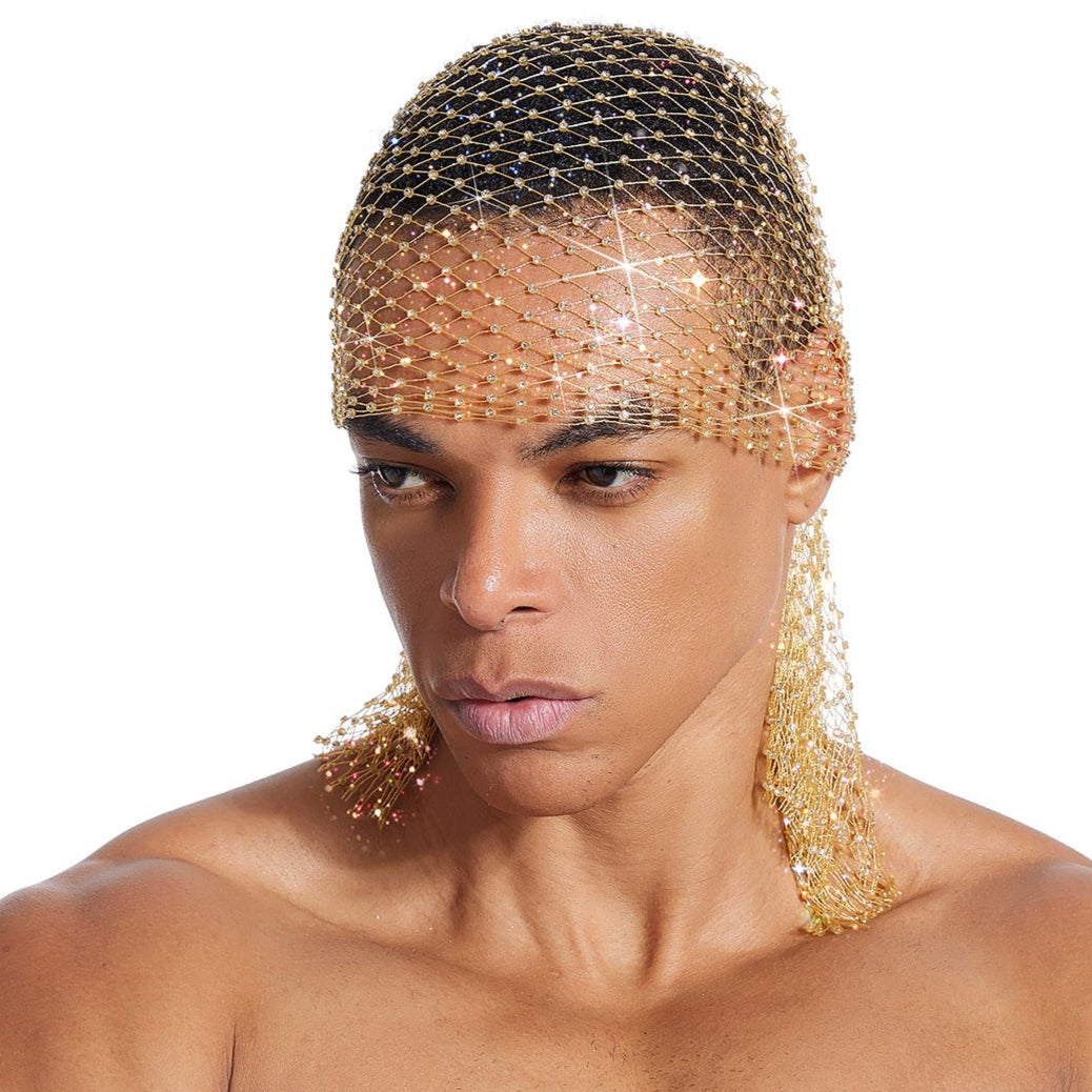 Rhinestone-Embellished Fishnet Turban Hat - Stretch Party Headpiece 22