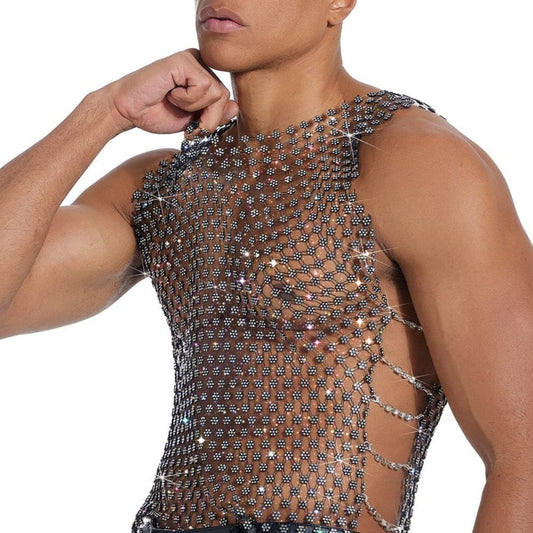 Sparkle Party Fishnet Top with Rhinestones  Plum blossom rhinestone style V-neck
