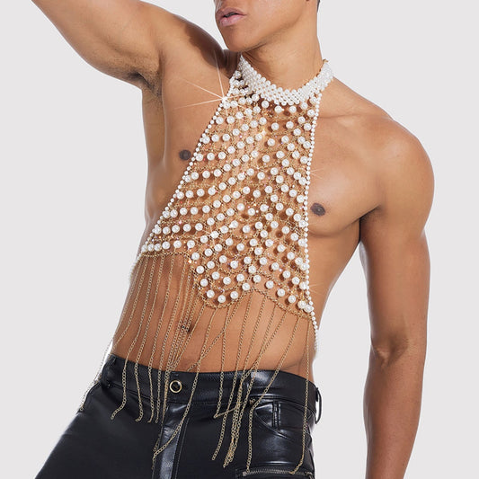 Pearl-Embellished Metallic Chest Harness - Intricate Openwork Body Chain