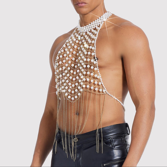 Pearl-Embellished Metallic Chest Harness - Intricate Openwork Body Chain