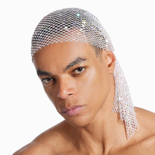 Rhinestone-Embellished Fishnet Turban Hat  High-Density Rhinestones style 24