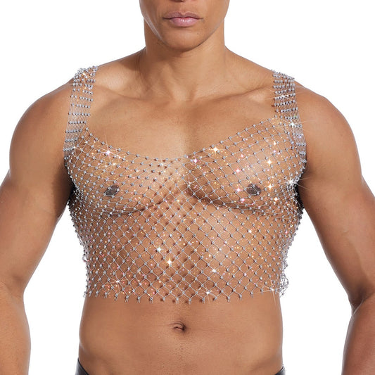 Sparkle Party Fishnet Top with Rhinestones Low-cut crop top