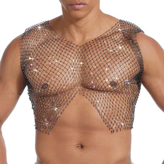 Sparkle Party Fishnet Top with Rhinestones Crop Top