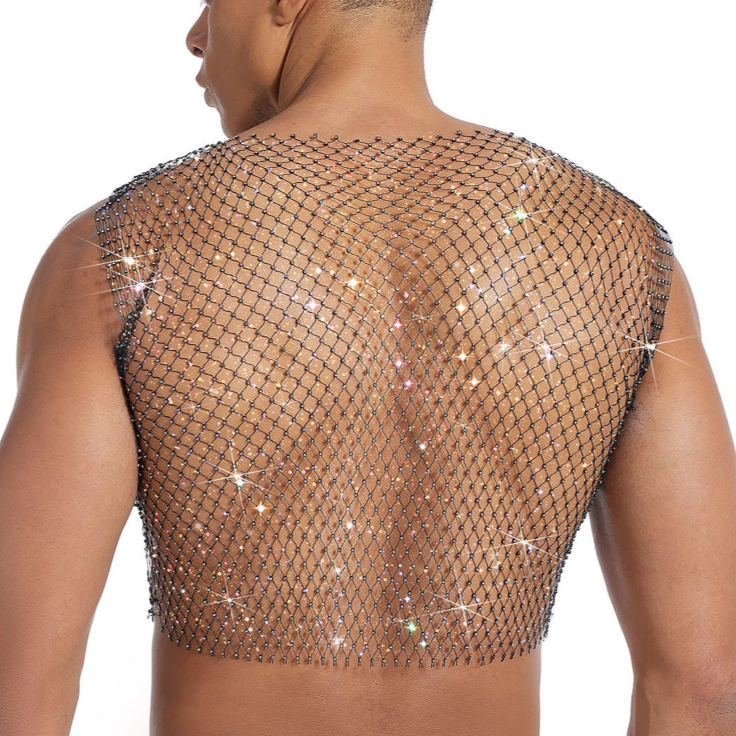 Sparkle Party Fishnet Top with Rhinestones Crop Top