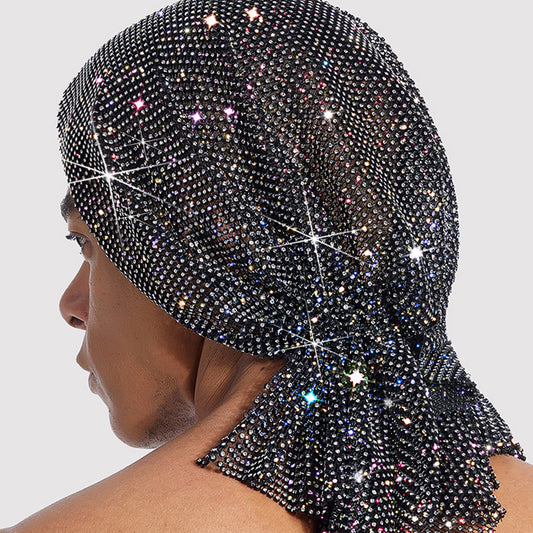 Rhinestone-Embellished Fishnet Turban Hat  High-Density Rhinestones style 23
